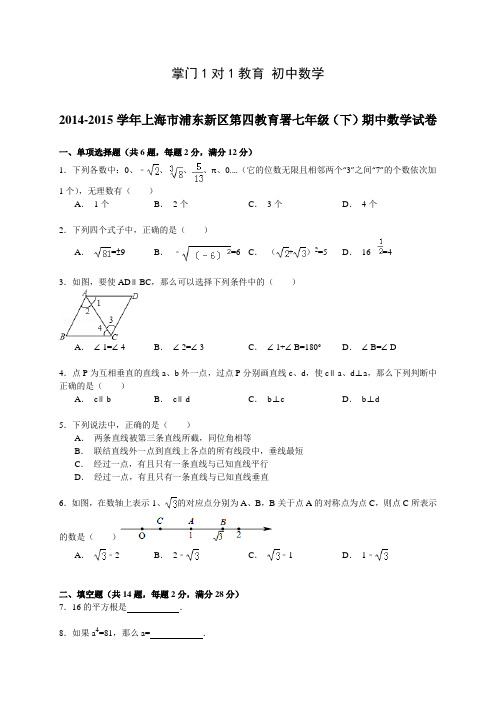 上海浦东新区2015学年七年级下学期期中数学试卷