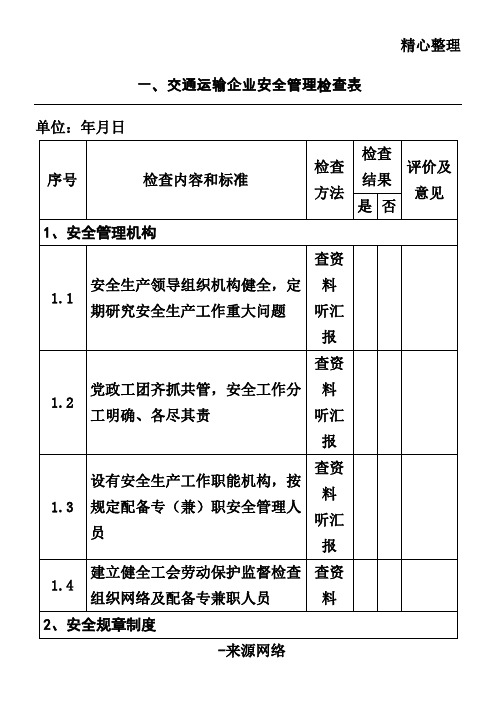 道路交通运输企业安全管理检查表格模板