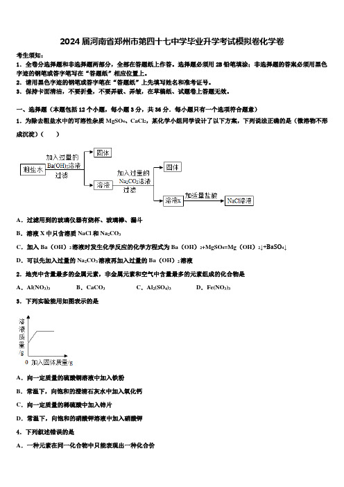 2024届河南省郑州市第四十七中学毕业升学考试模拟卷化学卷含解析