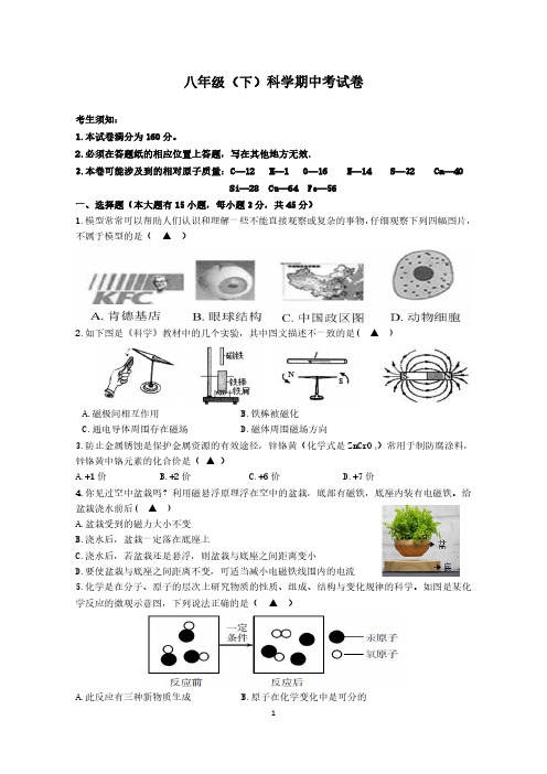 初中科学：浙江省金华市浦江县第五中学八年级下科学期中考试卷(含参考答案)