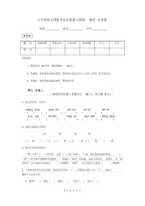 小升初语文模拟考试试卷新人教版B卷含答案