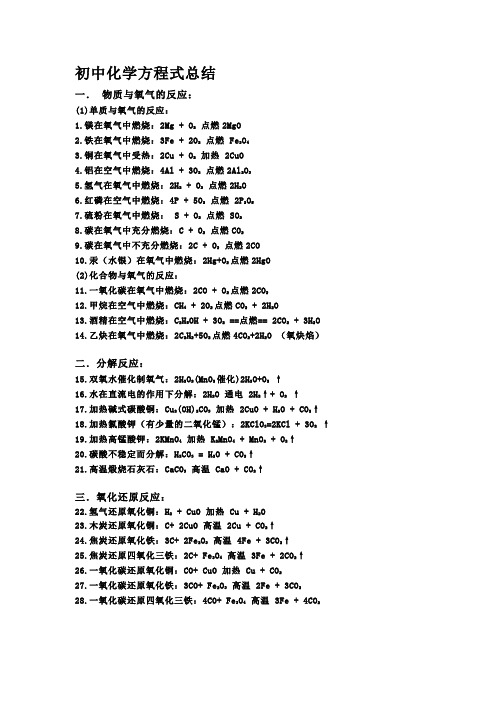 九年级化学方程式及知识点总结