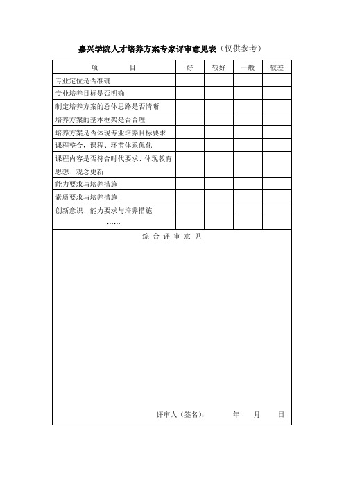 嘉兴学院人才培养方案专家评审意见表(仅供参考)