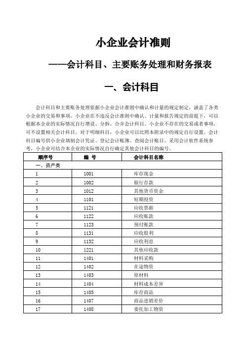 小企业会计准则会计科目表及主要账务处理