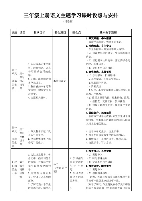 三年级上册语文主题学习课时设想与安排