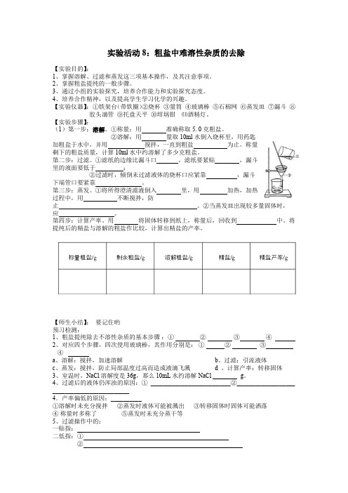 人教版九年级化学下册：实验活动8  粗盐中难溶性杂质的去除 教案2