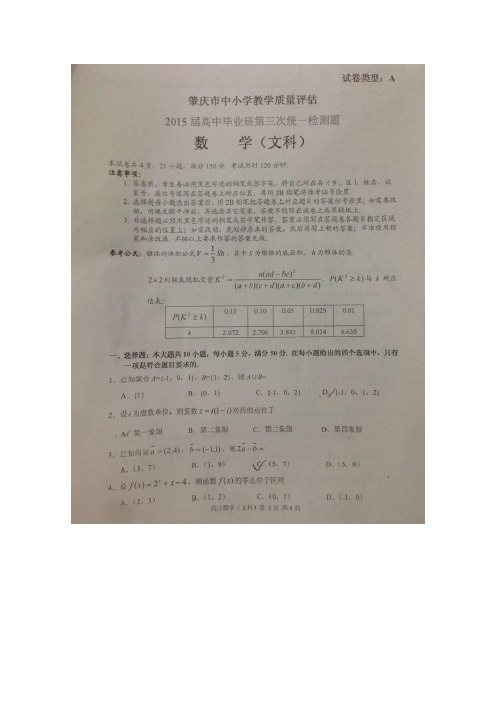 2015肇庆三模 广东省肇庆市2015届高三第三次统一检测数学文试题 扫描版含答案