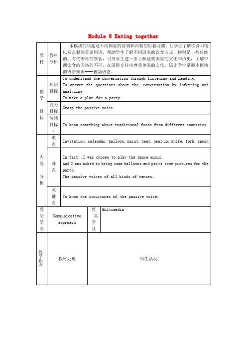 外研版九年级英语下册 Module 6 Eating together教案