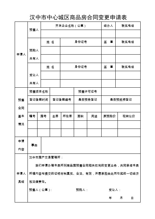 汉中中心城区商品房合同变更申请表