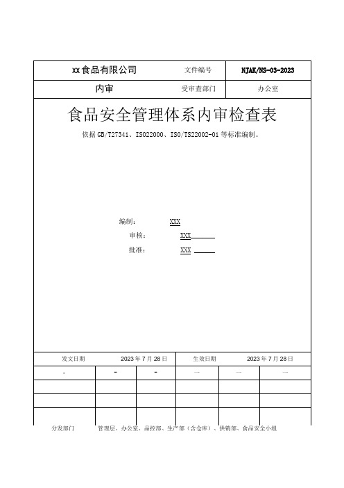 食品安全管理体系内审检查表(办公室)