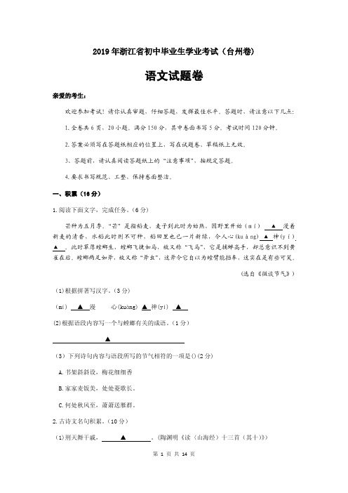 2019年浙江省台州中考语文试题 含答案 