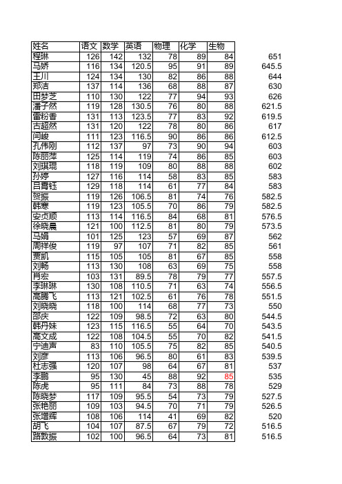 高二1部期中总成绩表