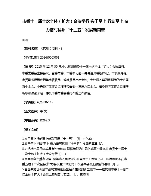 市委十一届十次全体（扩大）会议举行 实干至上 行动至上 奋力谱写杭州“十三五”发展新篇章