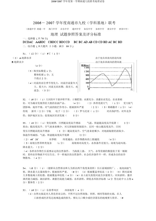 2006-2007学年度第一学期南通九校联考地理试卷