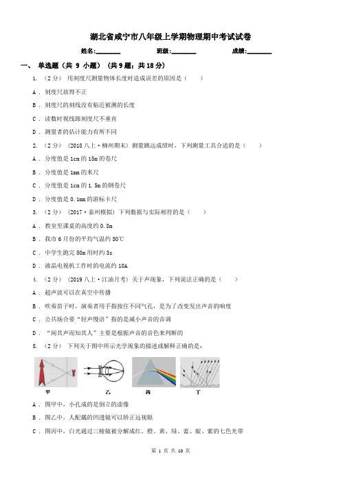 湖北省咸宁市八年级上学期物理期中考试试卷