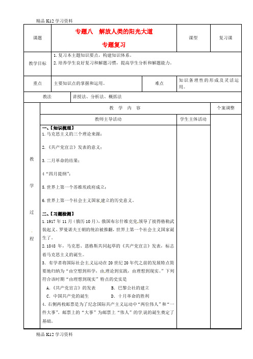 精品K12学习高中历史 专题八 解放人类的阳光大道复习教案 人民版必修1