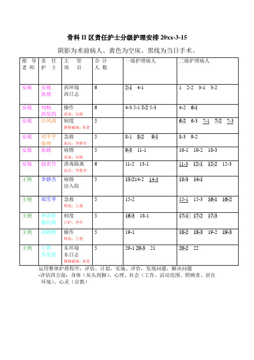 骨科II区责任护士分级护理安排表