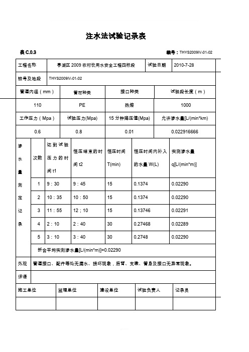 注水法试验记录表