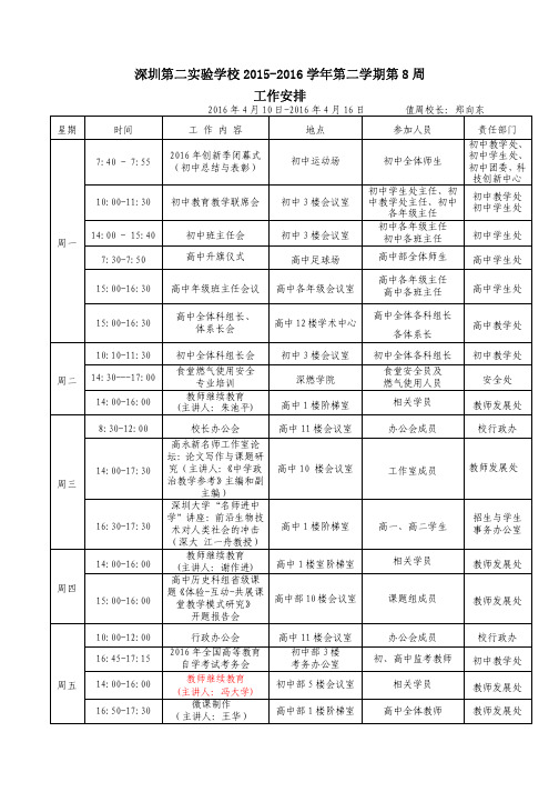 深圳第二实验学校2015-2016学年第二学期第8周工作安排