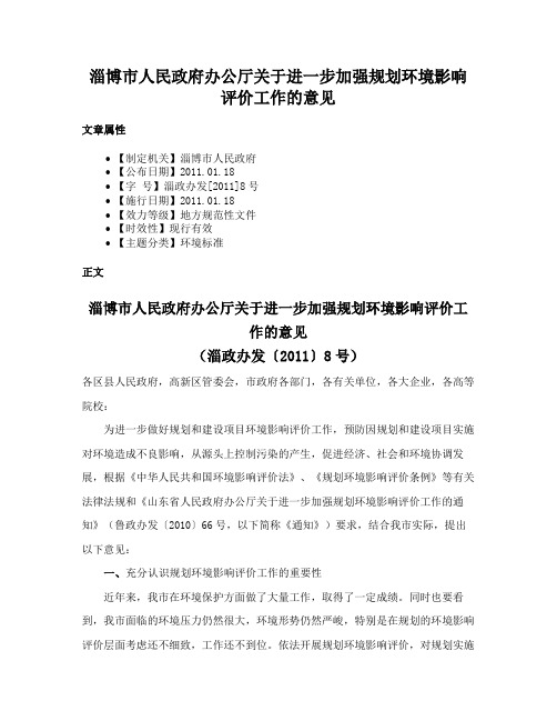 淄博市人民政府办公厅关于进一步加强规划环境影响评价工作的意见