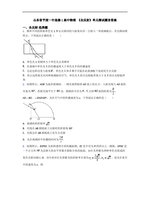 山东省平度一中选修1高中物理 《全反射》单元测试题含答案
