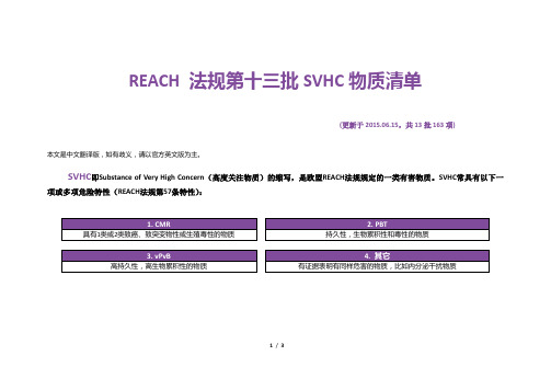 REACH 法规第十三批高度关注物质