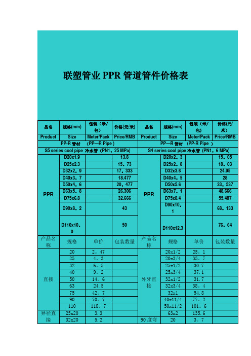 联塑管业PPR管道管件价格表