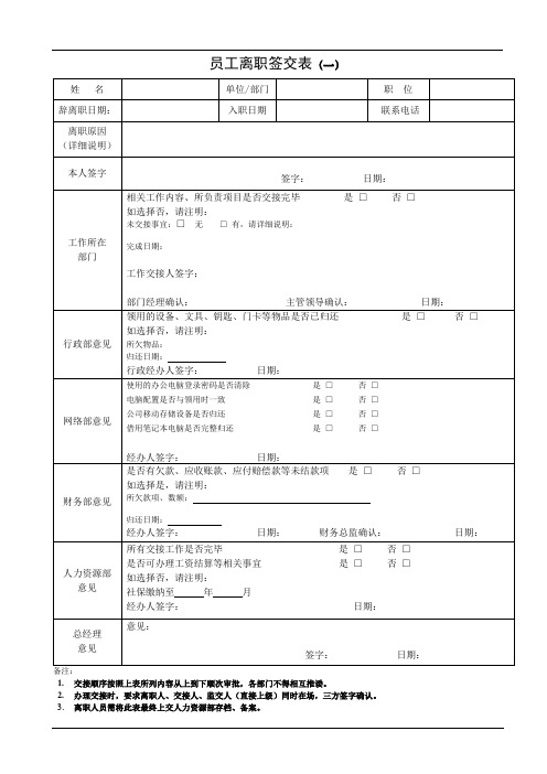 员工离职签交表