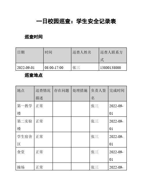 一日校园巡查：学生安全记录表