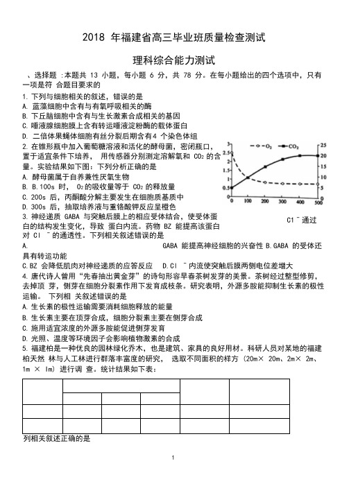 福建省2018年高三毕业班质量检查测试理科综合试卷(word版)