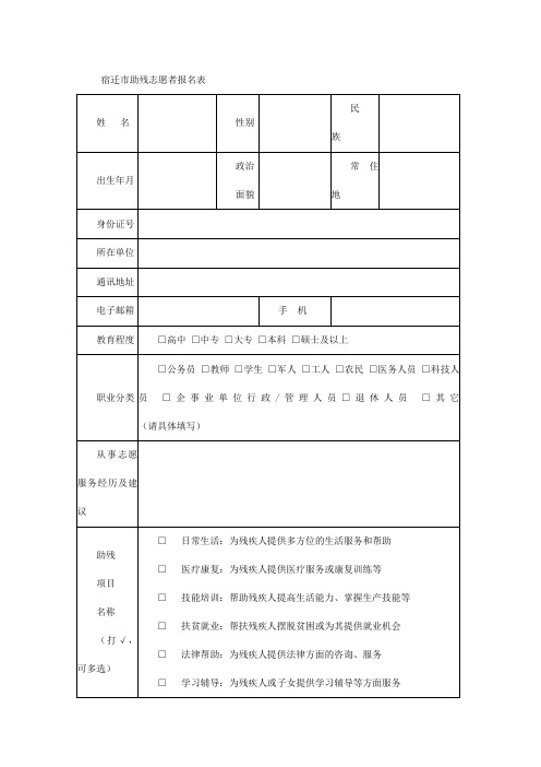 宿迁市助残志愿者报名表