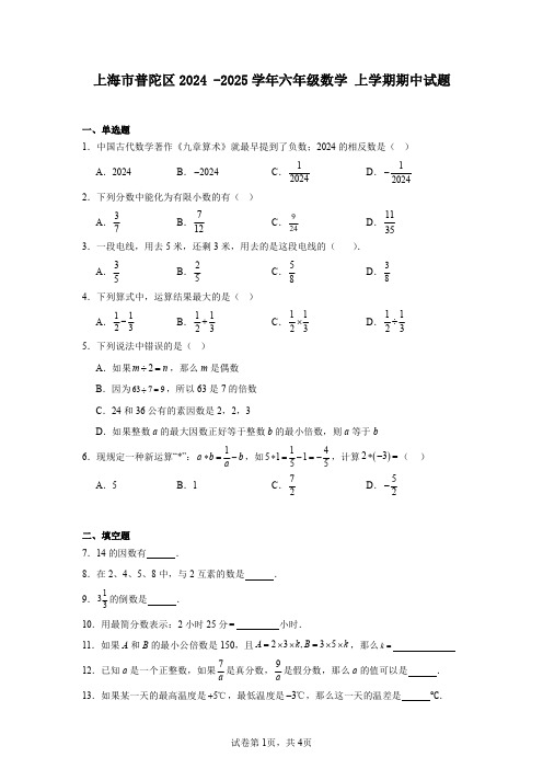 上海市普陀区2024-2025学年六年级数学上学期期中试题