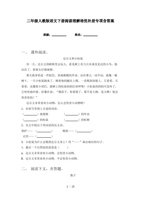 二年级人教版语文下册阅读理解培优补差专项含答案