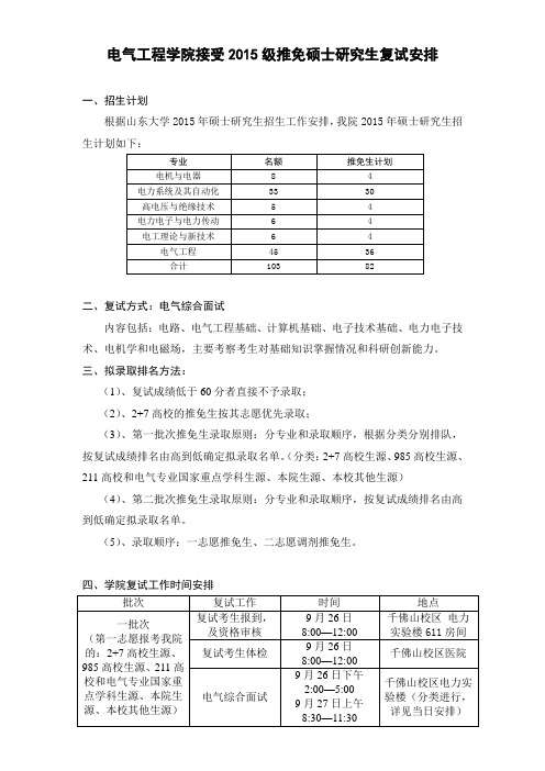 电气工程学院接受2015级推免硕士研究生复试安排