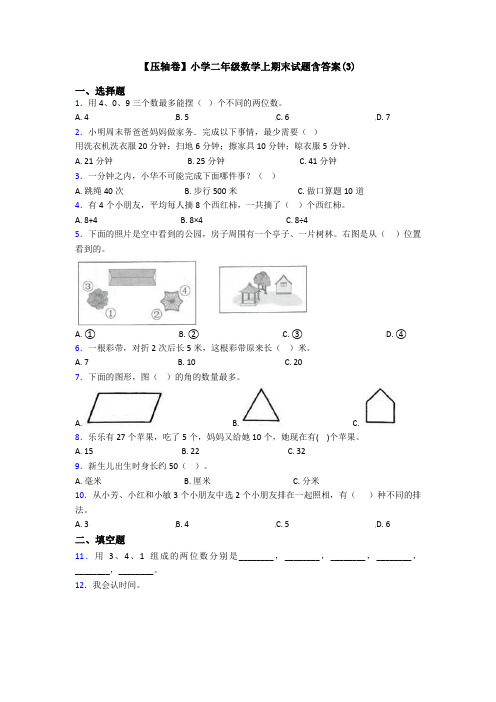 【压轴卷】小学二年级数学上期末试题含答案(3)