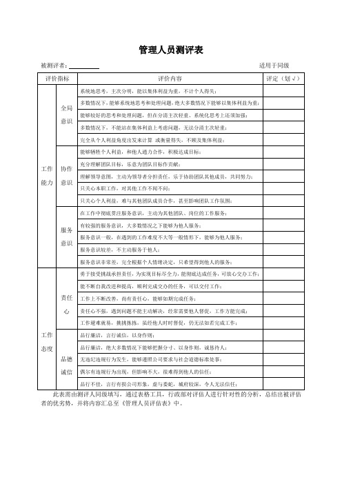 管理人员测评表(对同级)