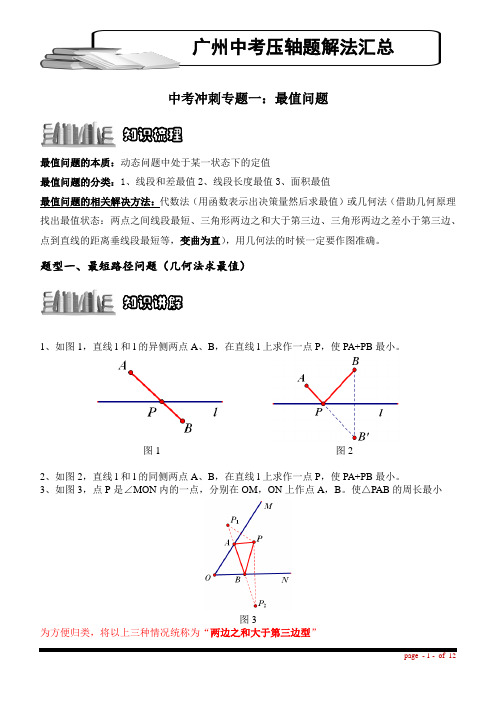 人教版中考数学复习机构一对一讲义：广州中考压轴题解法汇总：最值问题(教学案)