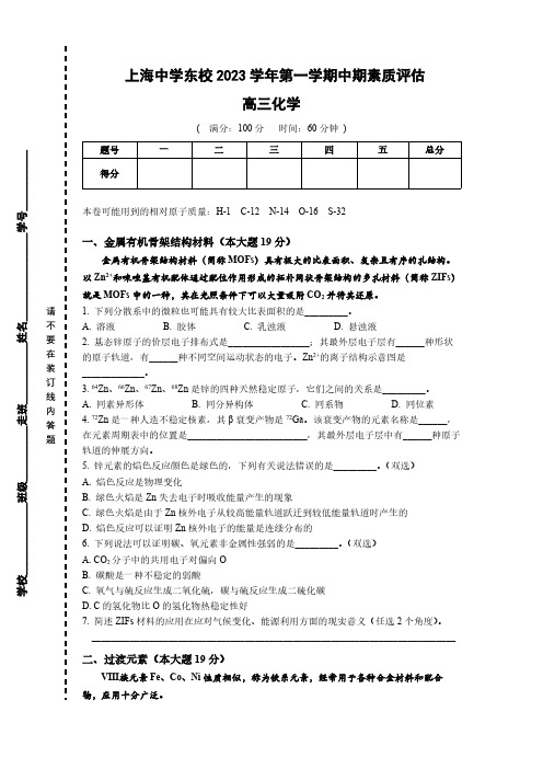 上海市上海中学东校2023-2024学年高三上学期期中考试 化学试题(含答案)