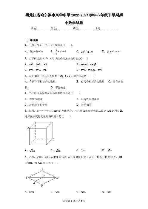 黑龙江省哈尔滨市风华中学2022-2023学年八年级下学期期中数学试题