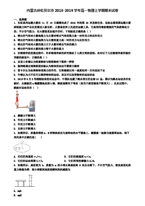 内蒙古呼伦贝尔市2018-2019学年高一物理上学期期末试卷