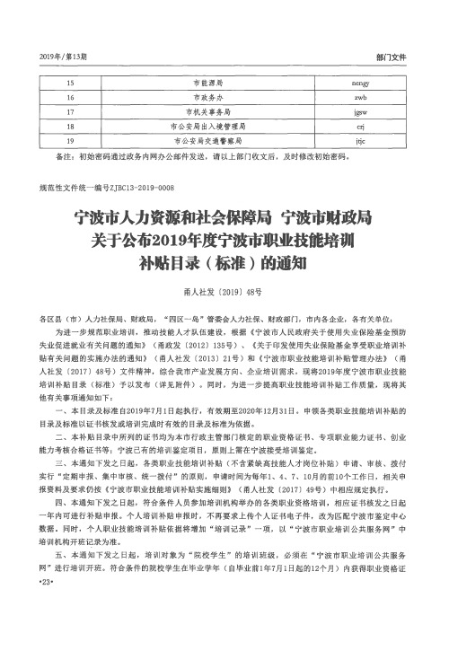 宁波市人力资源和社会保障局 宁波市财政局关于公布2019年度宁波市