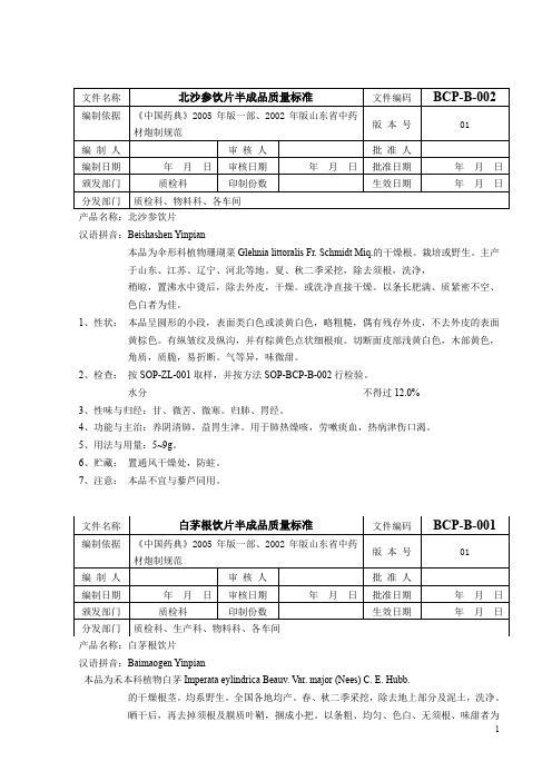 北沙参+白茅根饮片中间产品质量标准