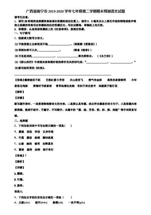 广西省南宁市2019-2020学年七年级第二学期期末预测语文试题含解析