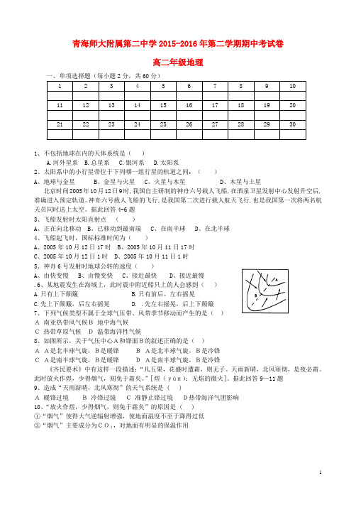 青海省师范大学附属第二中学高二地理下学期期中试题