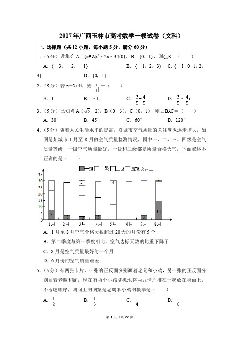 2017年广西玉林市高考一模数学试卷(文科)【解析版】