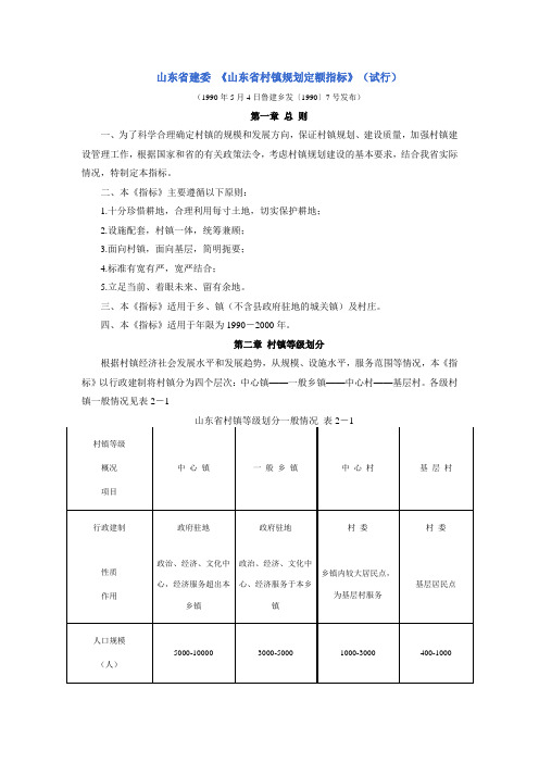 《山东省村镇规划定额指标》(试行)