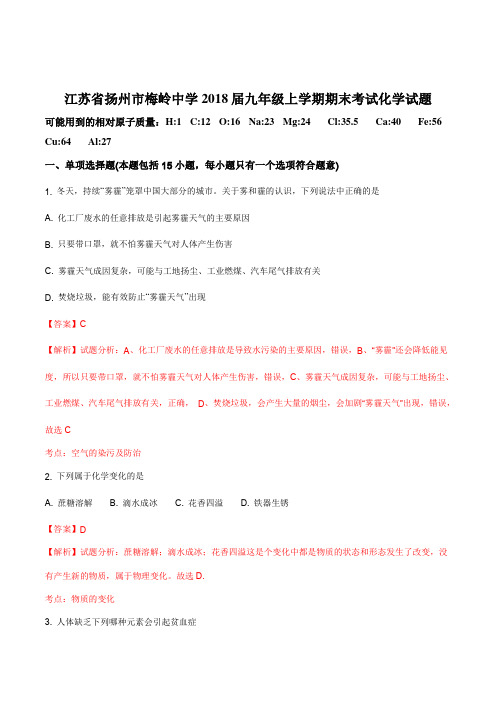 江苏省扬州市梅岭中学2018届九年级上学期期末考试化学试题(解析版)