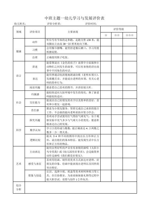 中班主题一幼儿学习与发展评价表