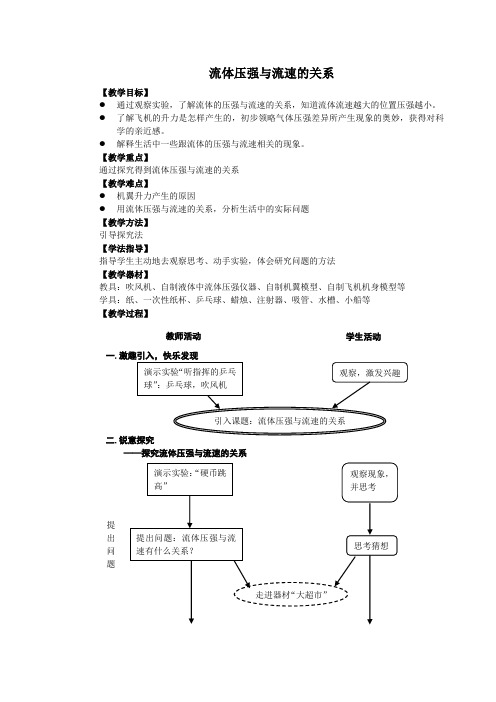 人教版8年级物理下册第9章第4节流体压强和流速的关系教学设计
