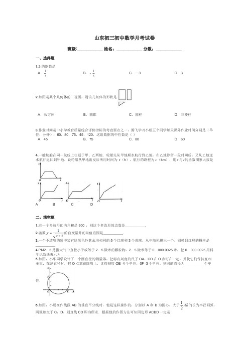 山东初三初中数学月考试卷带答案解析
